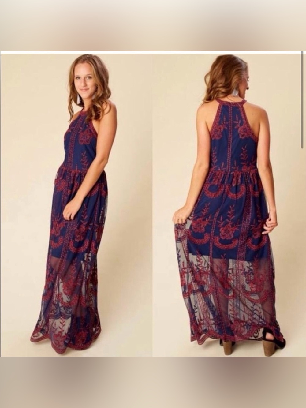 Altar’d State Embroidered Halter Maxi Dress Size M Lace Romantic Blue Maroon